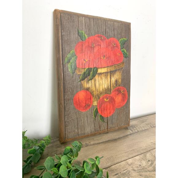 Vintage 1971 Hand-Painted Wooden Painting Apples in Basket Rustic Farmhouse Art - Picture 4 of 10